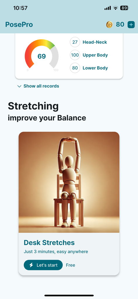 PosePro mobile app interface showing a posture score dashboard and desk stretching exercise options