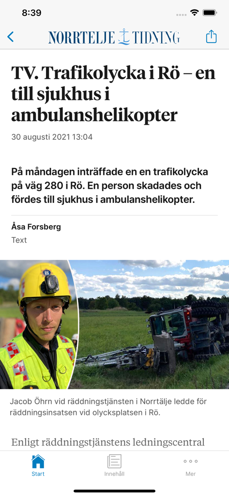 Norrtelje Tidning - Mobile screen showing a local news article about a traffic accident in the Norrtelje Tidning app