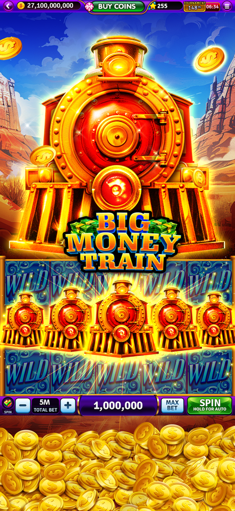 Billion Cash Slots-Casino Game - Tema Big Money Train de Billion Cash Slots con símbolos de locomotora dorada y comodines en una interfaz de máquina tragamonedas