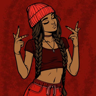 realistic teenage girl with braids and a beanie and crop top doing 🫶🏼
