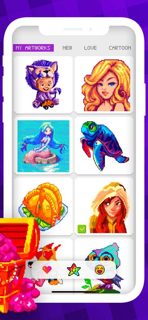 Magico: Fun Pixel Art Coloring - Screenshot of the Magico app gallery featuring colorful pixel art designs