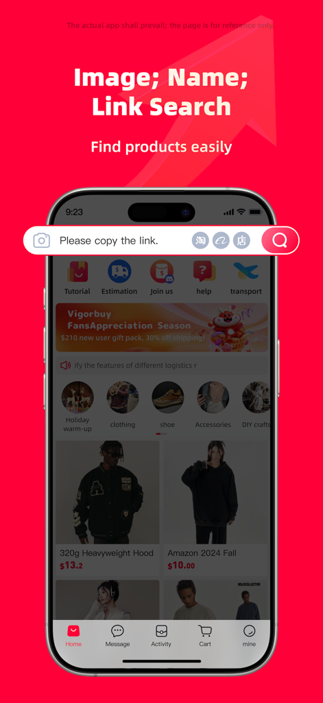Mobile screen showing the Vigorbuy app home page with a search bar to paste product links and a feed of fashion items.