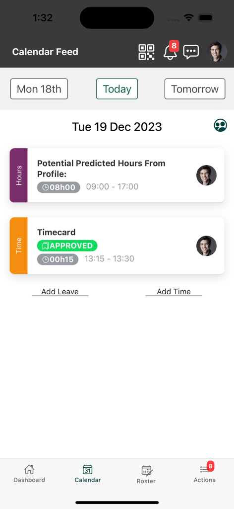 HR Duo Go - HR Duo Go mobile app calendar screen showing shift schedules and approved timecard entries