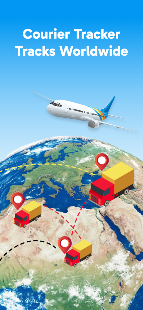 Package Tracker : Courier Info - Illustration of worldwide package tracking with an airplane and delivery trucks on a globe