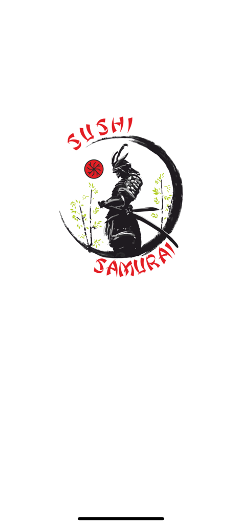 Samurai - Splash screen of the Sushi Samurai food delivery app featuring a samurai warrior logo