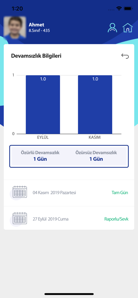 MEB E-OKUL VBS app screen displaying student absenteeism records with a bar chart and list of dates