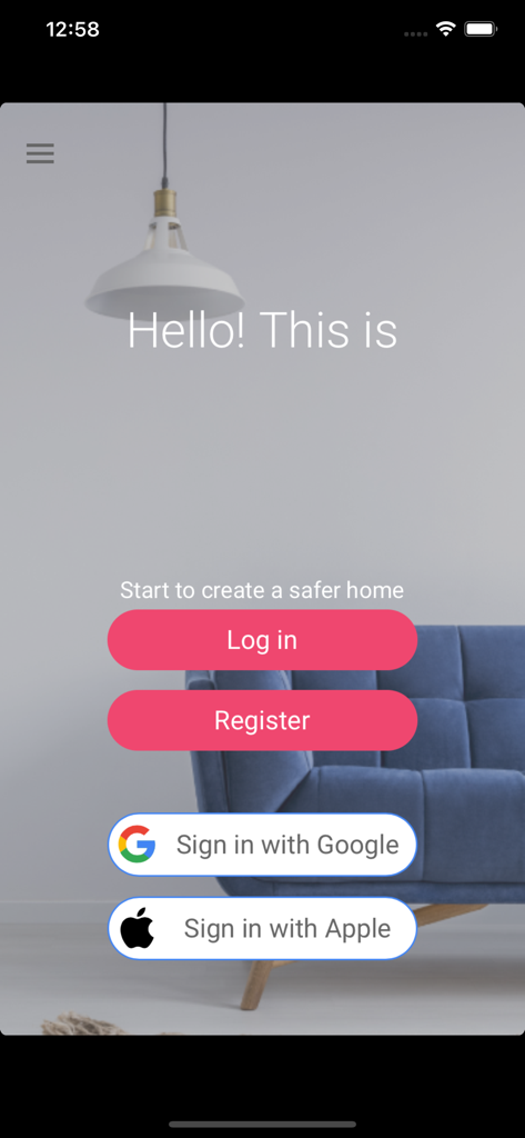 Protegus 2 - Tela de boas-vindas do aplicativo Protegus 2 com opções de login e registro para controle de segurança residencial