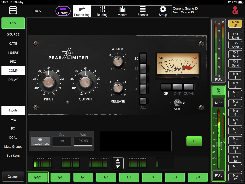 Peak 76 Limiter interface in the Qu MixPad app for iPad