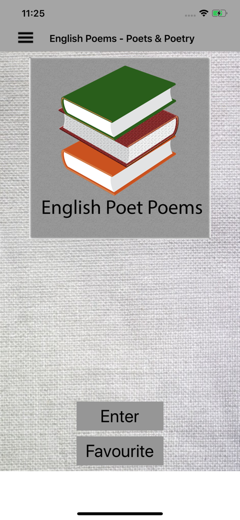 English Poems - Poets & Poetry - Main menu of the English Poems app featuring a stack of books and navigation buttons