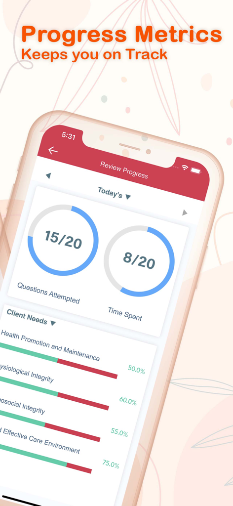 Mobile app screen showing NCLEX-RN review progress metrics and performance tracking by nursing category