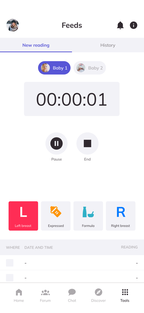 Baby feeding tracker screen in the EVE digital maternity app