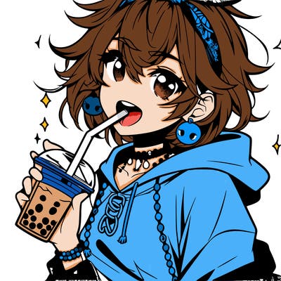 hot baddie anime girl drinking boba and biting the straw