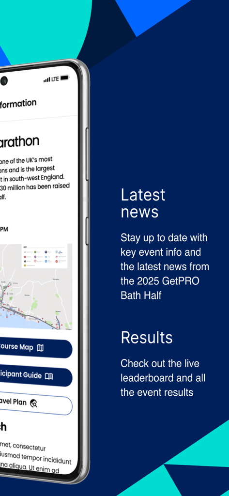 GetPRO Bath Half Marathon App-Oberfläche, die die neuesten Veranstaltungsnachrichten und Live-Rennergebnisse anzeigt