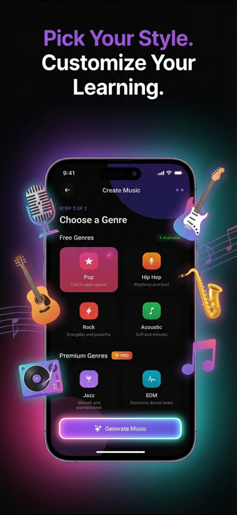 StudyBeats: AI Song Generator - Interface of StudyBeats app showing different music genres to customize study songs including Pop Hip Hop and Rock