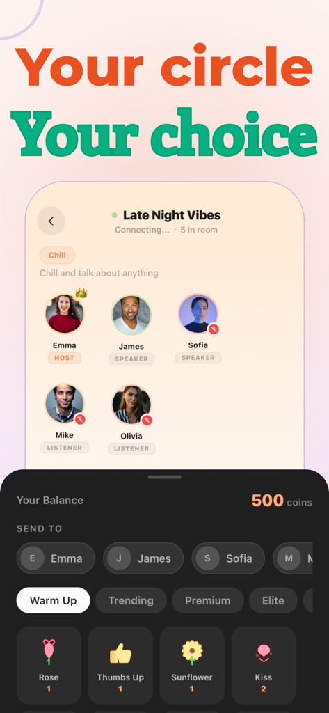 OMG: Live Chat - A mobile app interface displaying a voice chat room with participants and a virtual gifting menu.