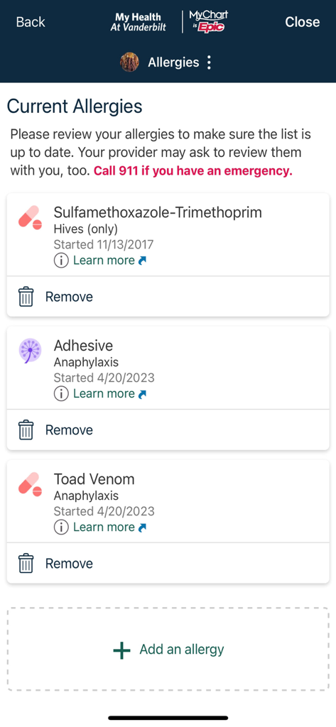 Current allergies list in the My Health at Vanderbilt mobile app patient portal.