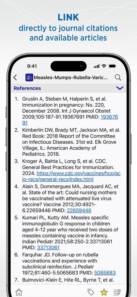 LactMedアプリ内の査読済み医学雑誌の引用と参考文献のリストを示すモバイル画面。