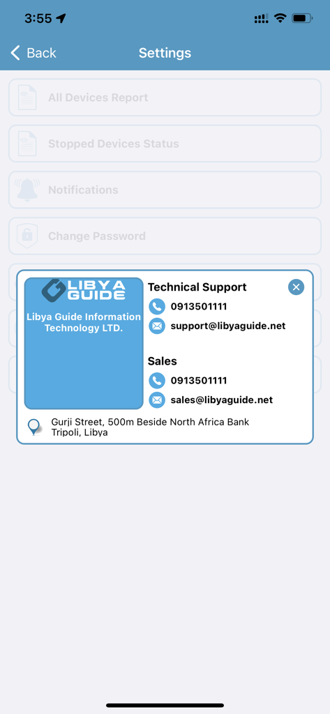 Popup con informazioni di contatto e supporto nelle impostazioni dell'app Sistema di Tracciamento Veicoli Solare.