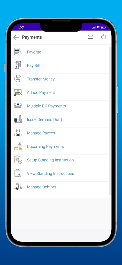 BOB ONLINE mobile banking app payments menu screen showing options for bill pay and money transfers