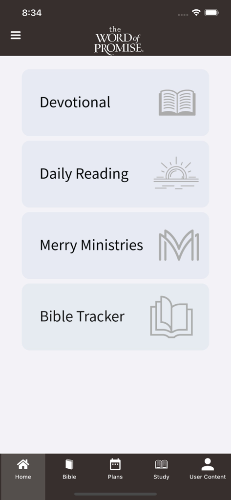 Word of Promise Bible app home screen displaying menu options for devotional daily reading and bible tracker