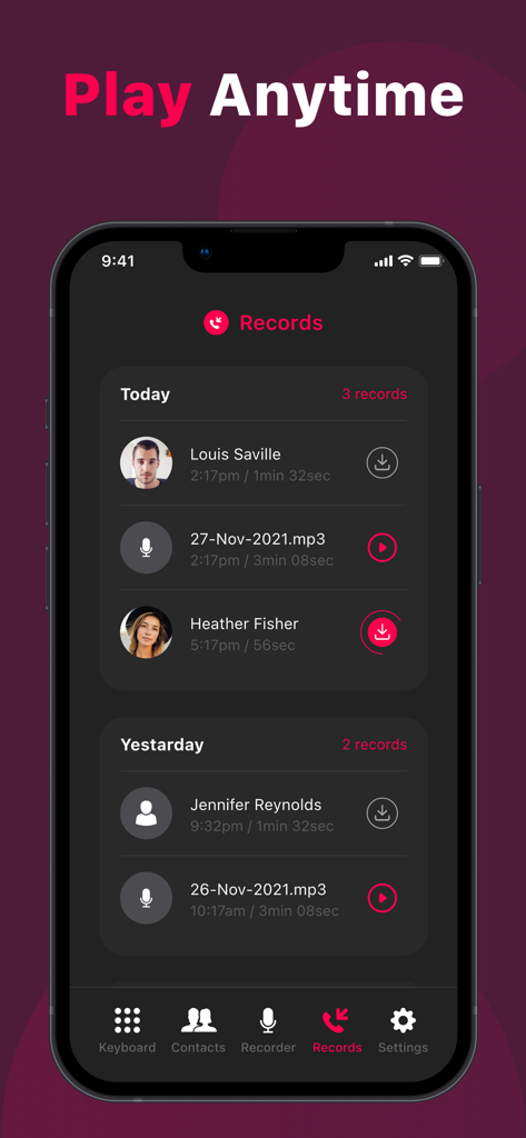 Call Recorder - Phone ACR - Interface do aplicativo Gravador de Chamadas mostrando uma lista de chamadas gravadas organizadas por data com opções de reprodução e download