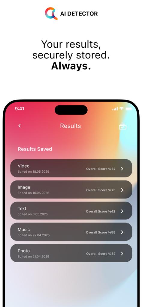 GPTZero: AI Detector Humanizer - Mobile screen showing a list of saved AI detection results for video image text and music with percentage scores
