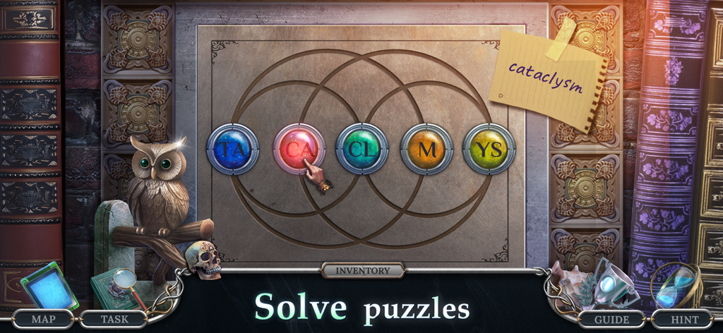 Detectives United 7: Adventure - A circular logic puzzle in the mobile game Detectives United 7 featuring colored lettered orbs to spell the word cataclysm