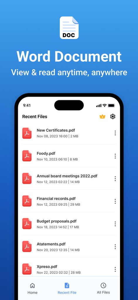 Word document - Pantalla de archivos recientes de la aplicación Documento de Word mostrando una lista de documentos PDF