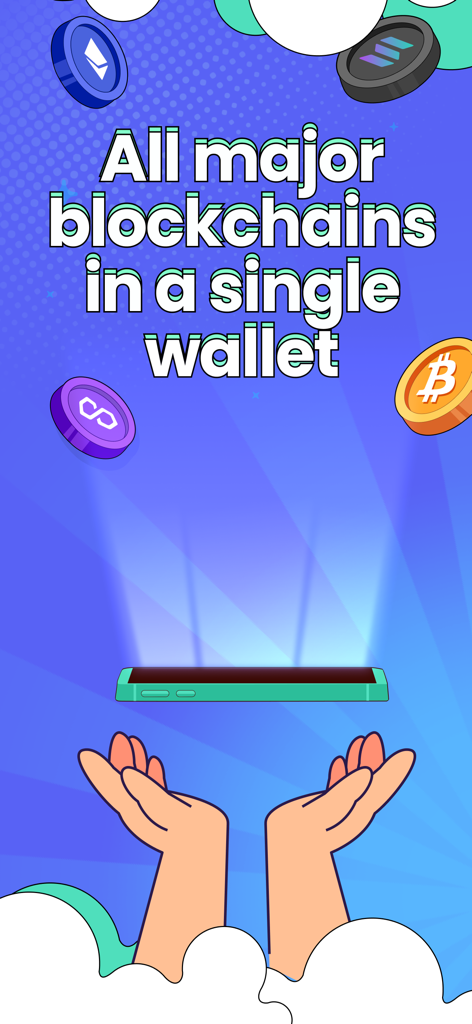 Illustration de l'application Meilleure Wallet montrant diverses pièces de crypto-monnaie comme Bitcoin et Ethereum avec le texte Toutes les blockchains majeures dans un seul portefeuille.