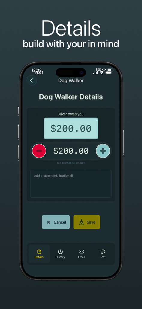 owed + - Uno screenshot dell'app Owed plus che mostra una schermata di dettaglio per una spesa di $200 intitolata Dog Walker.