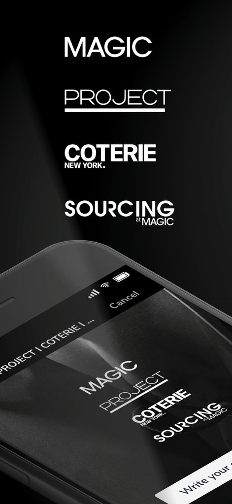 Affichage des logos des salons MAGIC PROJECT COTERIE et SOURCING à MAGIC sur un smartphone
