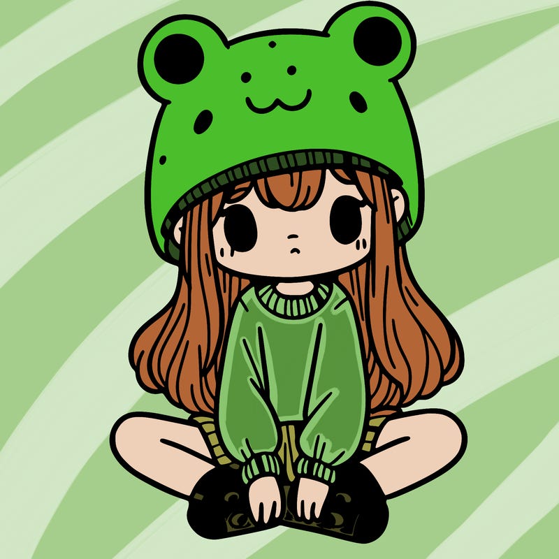 a girl wearing a frog hat and some frog socks
