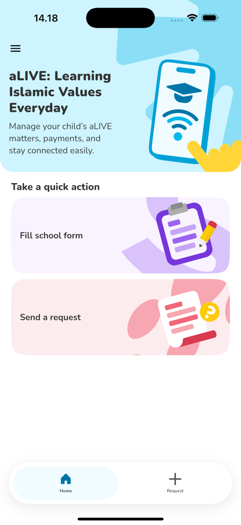 LittleLives for Parents - Dashboard of the LittleLives for Parents app featuring quick action buttons for school forms and requests