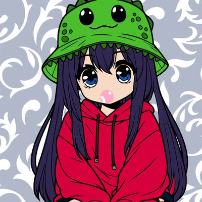girl with anime shaped eyes with a dinosaur bucket hat oversized sweatshirt long straight hair