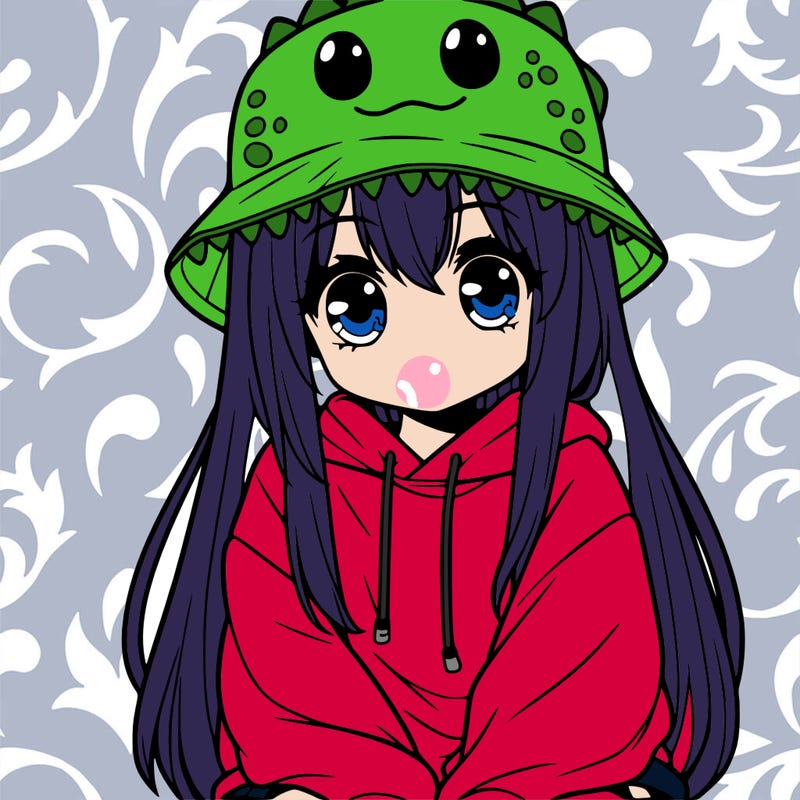 girl with anime shaped eyes with a dinosaur bucket hat oversized sweatshirt long straight hair