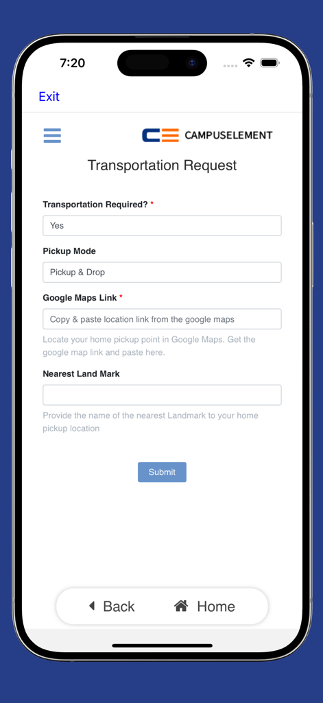 Transcend Education - Pantalla del formulario de solicitud de transporte de la aplicación Transcend Education para servicios de recogida y entrega escolar.