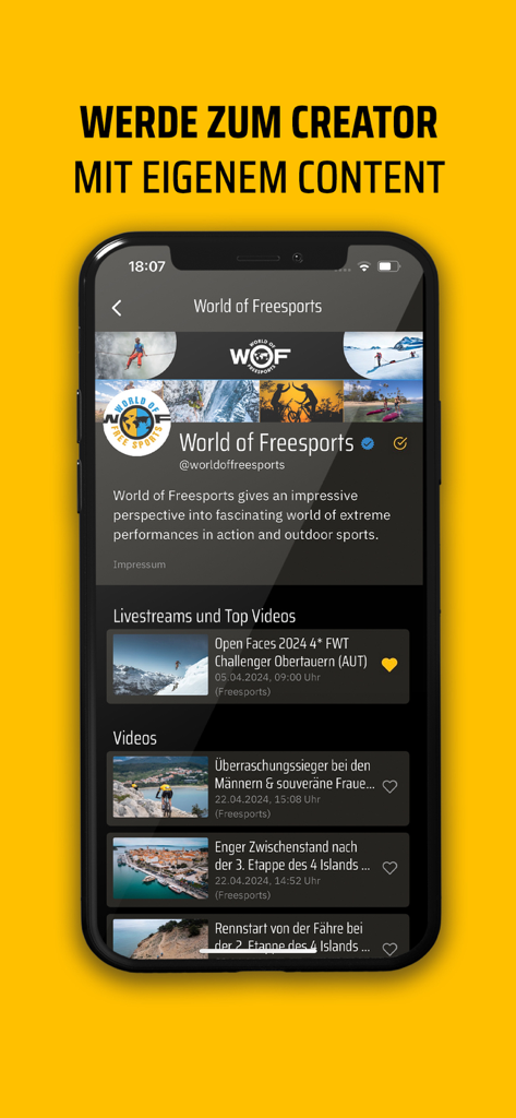 Mobile app interface of Sporteurope TV displaying a sports creator profile with video content