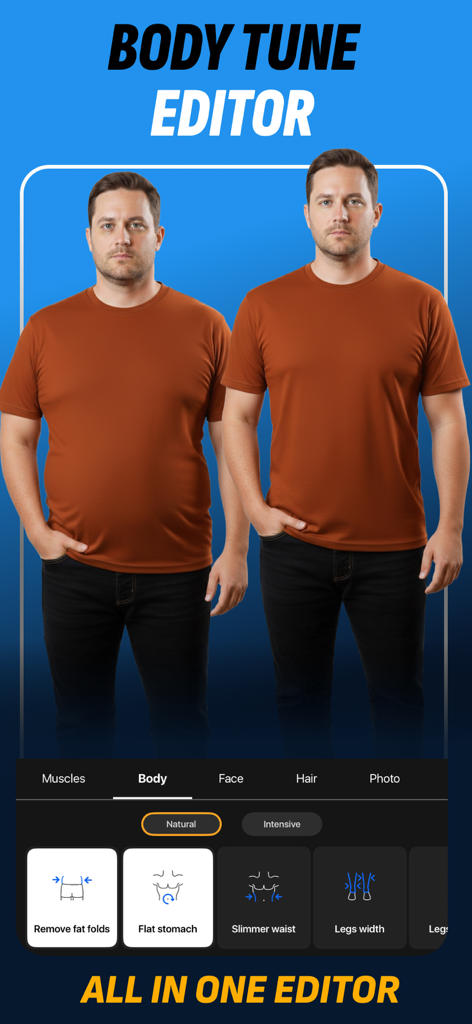Before and after comparison of a man using the body slimming and stomach flattening tools in the Retouch Men app.