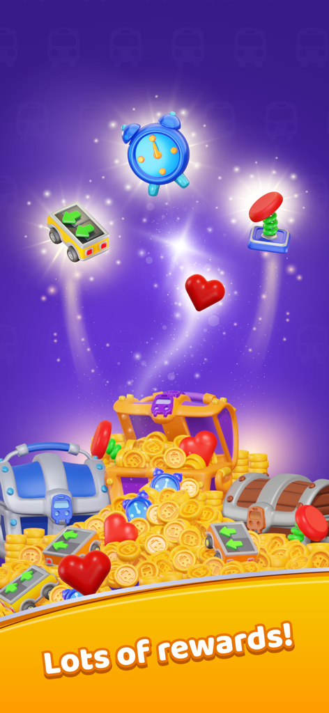 Seat Away - A vibrant screen showing treasure chests overflowing with gold coins and game boosters in Seat Away
