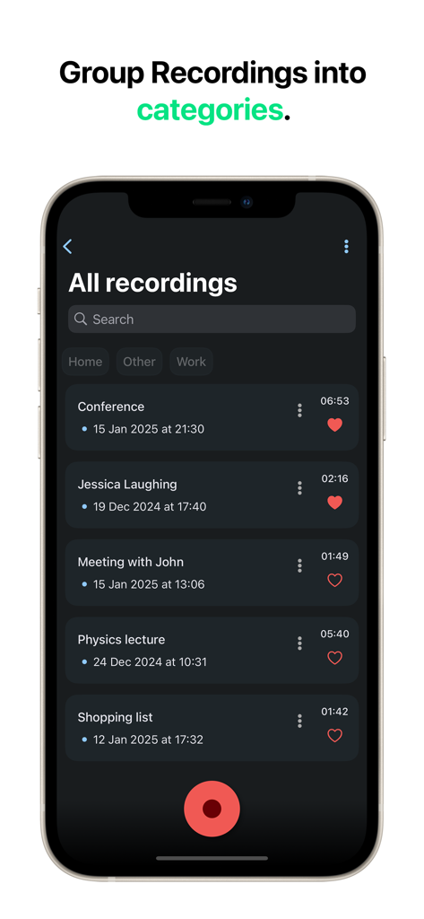 Interface de l'application Enregistreur Vocal et Transcription montrant une liste d'enregistrements audio organisés par catégories sur un iPhone
