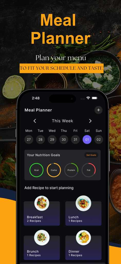 The EAT app meal planner screen displaying a weekly schedule and nutritional goals for calories and macronutrients
