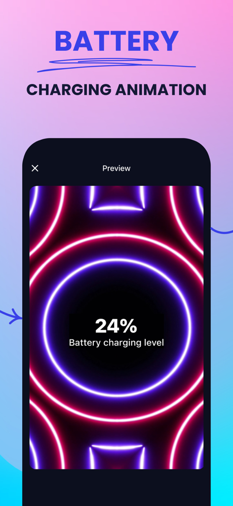 Neon battery charging animation preview on an iPhone screen
