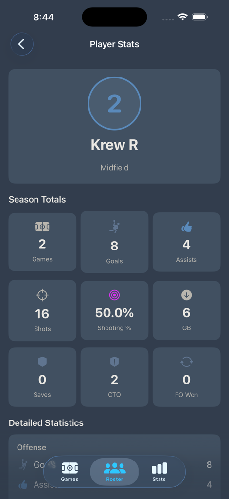 Lacrosse Scorekeeper - A player statistics dashboard in the Lacrosse Scorekeeper app displaying season totals for goals, assists, and shots on a dark interface.