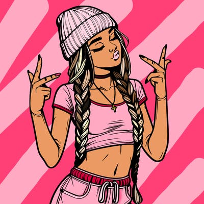 realistic teenage girl with braids and a beanie and crop top doing 🫶🏼