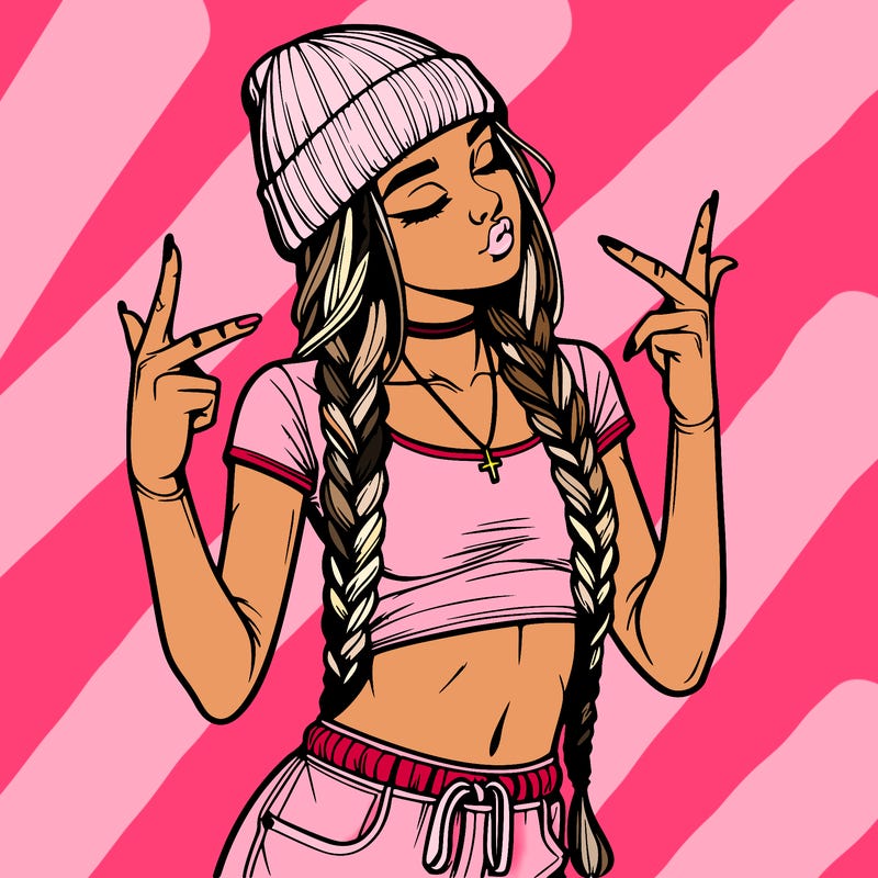 realistic teenage girl with braids and a beanie and crop top doing 🫶🏼