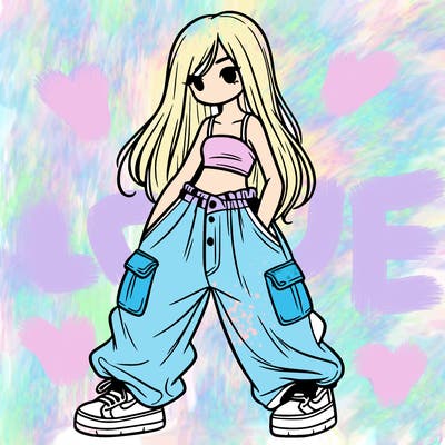 girl in baggy pants, crop top, and long hair