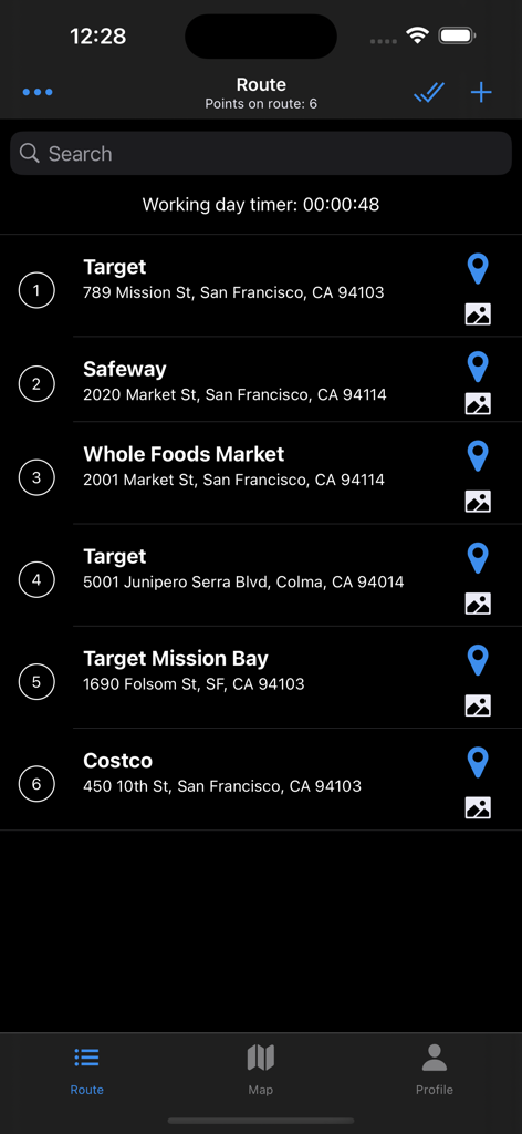 Route list screen in the effie app showing retail store locations and addresses in San Francisco.