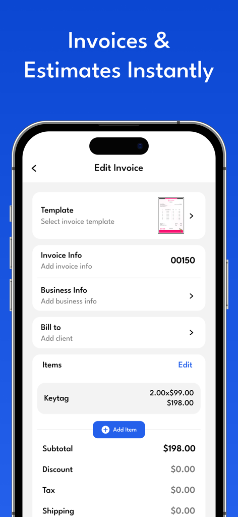 Invoice Maker & Quotation - Mobile interface of the Invoice Maker app showing the edit invoice screen with business info and billing items
