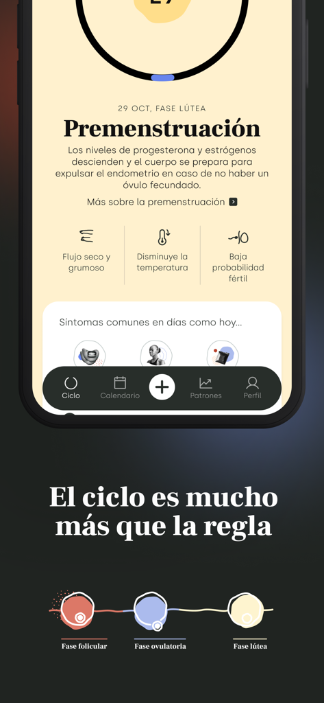 Cicla · Calendario menstrual - Cicla app interface showing premenstruation details and a timeline of menstrual cycle phases.