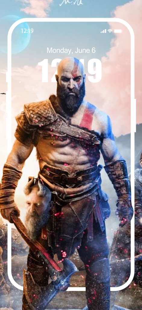 Kratos de God of War usado como wallpaper de jogo 4K em uma tela de bloqueio de iPhone.